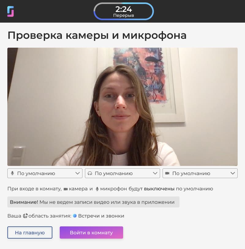 Проверка камеры и микрофона перед первым входом в комнату Synergizer